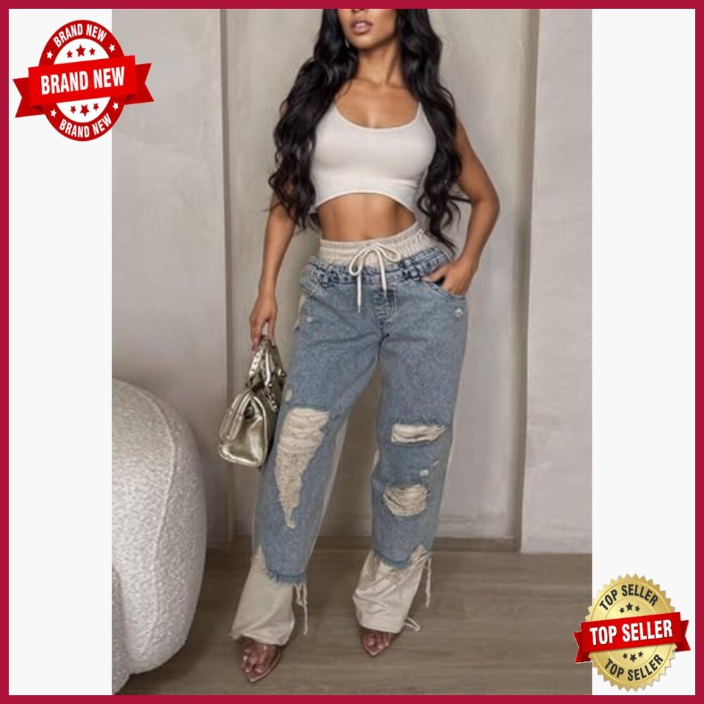 Wide Leg Patchwork Jeans with Drawstring Waist, D… - image 5